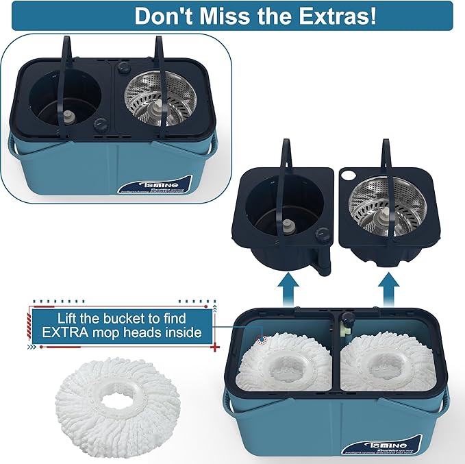 Gen 1 Large-Capacity Spin Mop and Bucket – for Big Homes &amp Deep Cleaning Days4-Chamber System Separates Dirty &amp Clean Water 2-GAL Heavy-Duty Design with Wheels &amp 8 Refill Mop Heads - Blu