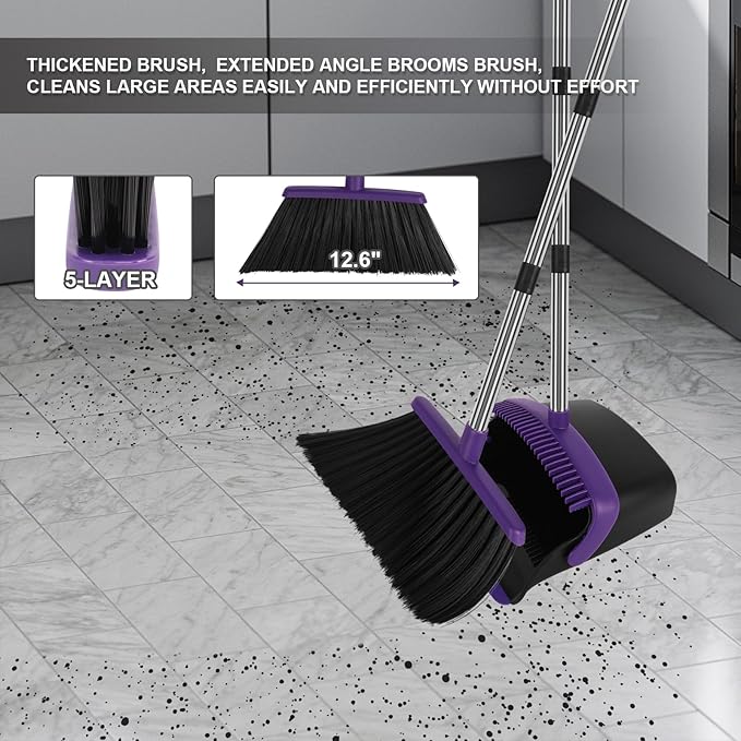Broom and Dustpan Set Large Household Dustpans and Broom with 55 Inch Long Handle Pueple Broom with Dustpan Combo Set for Home