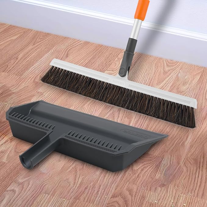 Superio 18 Horse Hair Upright Broom with Telescopic Handle &amp 16 Gray Dustpan with Comb Rubber Lip &amp Clip – Narrow Thin Dust Broom for Dog Hair – Hardwood &amp Tile Floor Cleaning Set – Gra