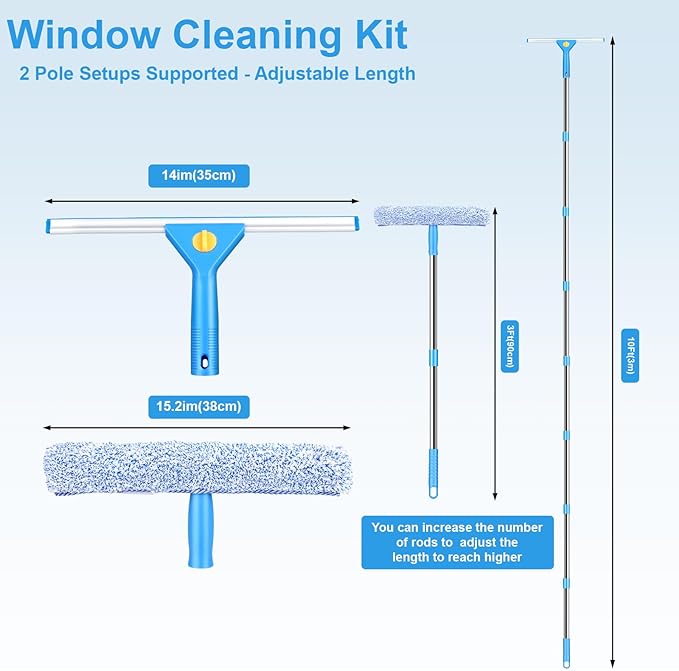 Window Cleaning Kit 10Ft Window Squeegee with Extension Pole Window Washing Kit Squeegee for Window Cleaning Window Cleaner Tool for Indoor Outdoor High Windows Glass