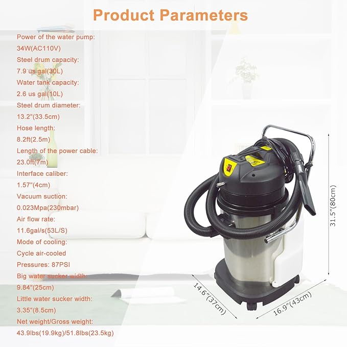 Carpet Extractor Machine 30L 3-in-1 Stainless Steel Carpet Cleaner for Corridor Conference Hall and Restaurant 110V 1000W