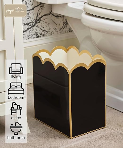Jaye's Studio Gracie Scarlett Scalloped Baskets Black Waste Basket for Bathroom Office &amp Bedroom Trash Can Decorative Metal Magazine Holder Rectangle Garbage Can for Modern Home Decor 7”x10”x7