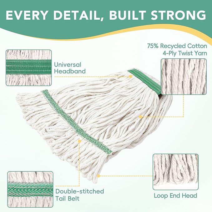 6 Pack Commercial Mop Head Replacement – Heavy Duty Mop Head for General and Floor Cleaning | Industrial Wet Mops | Washable Refill Reusable Looped End Mopheads | Hardwood Concrete（White）