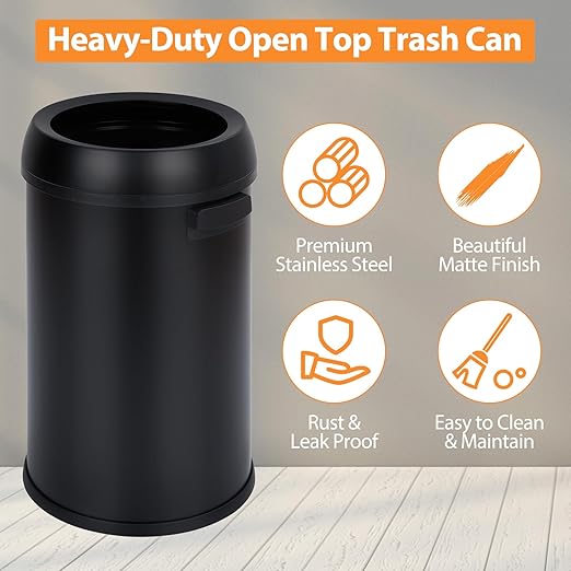 GarveeHome 17 gal/65 L Open Top Trash Can Stainless Steel Rubbish Bin Commercial Grade Waste Container Round Garbage Can for Outdoor Home Office Restaurant Black