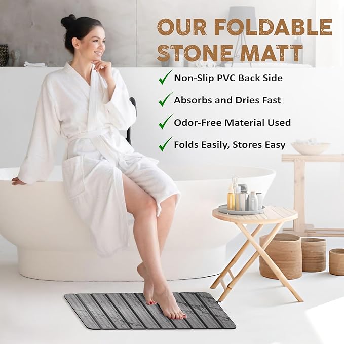 Foldable Stone Dish Drying Mat for Kitchen Counter 24” x 16” Large Diatomaceous Earth Quick Dry Mat Absorbent Sink Tray with Brush for Dishes Cups and Bottles