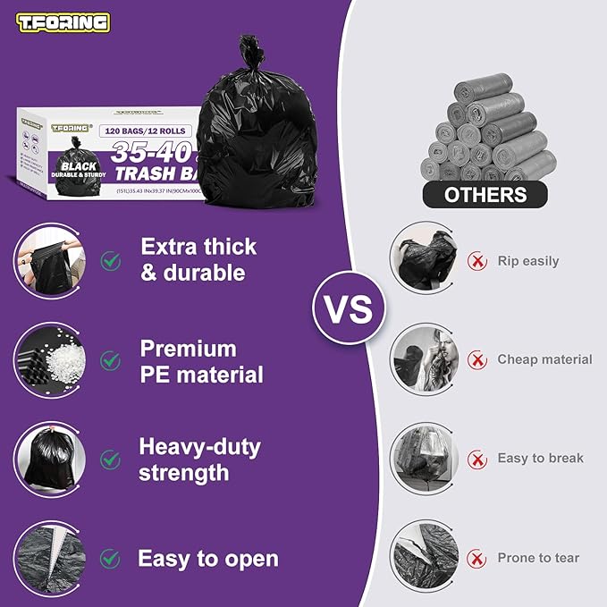 35-40 Gallon Black Trash Bags 120 Count - 35 x 40 Large Garbage Bags 30+ Gallon Strong Trash Can Liners for Home Commercial UseYard Waste Bulk