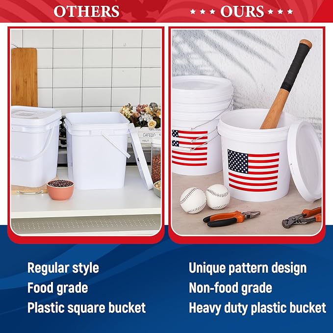 6 Pcs 2 Gallon Plastic Bucket with Lid and Handle Large White Heavy Duty Bucket with American Flag for Home Gardening Tools Household Cleaning Baseballs Storage Container
