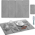 Kathfly 2 Pcs Large Stone Dish Drying Mats for Kitchen Counter Floral Absorbent Diatomaceous Earth Foldable Quick Dry Anti-slip Pad with Brush for Tableware Bottle Cup(Natural Style)