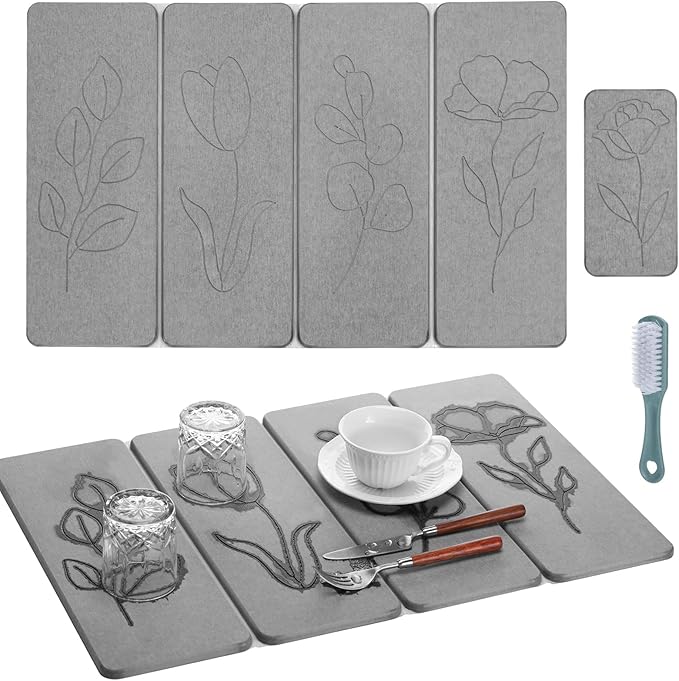 Kathfly 2 Pcs Large Stone Dish Drying Mats for Kitchen Counter Floral Absorbent Diatomaceous Earth Foldable Quick Dry Anti-slip Pad with Brush for Tableware Bottle Cup(Natural Style)
