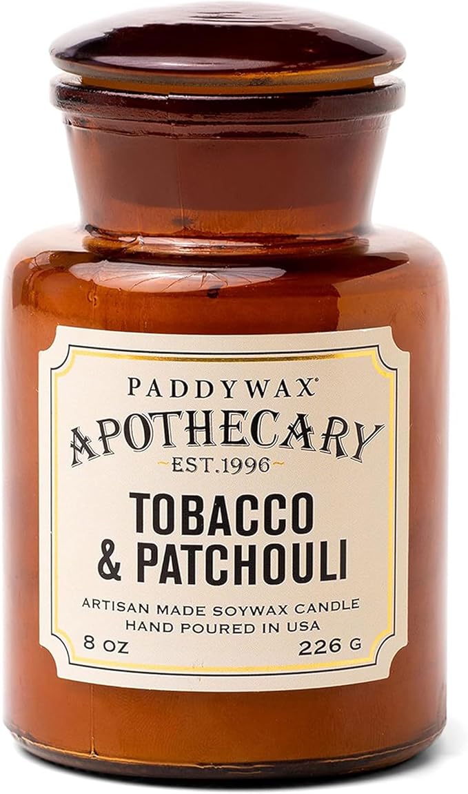 Paddywax Artisan Apothecary Scented Candle with Lid in Reusable Glass Jar Clean-Burn Soy Candle with Approx. 54 Hour Burn Time Tobacco &amp Patchouli 8 oz.