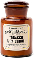 Paddywax Artisan Apothecary Scented Candle with Lid in Reusable Glass Jar Clean-Burn Soy Candle with Approx. 54 Hour Burn Time Tobacco &amp Patchouli 8 oz.