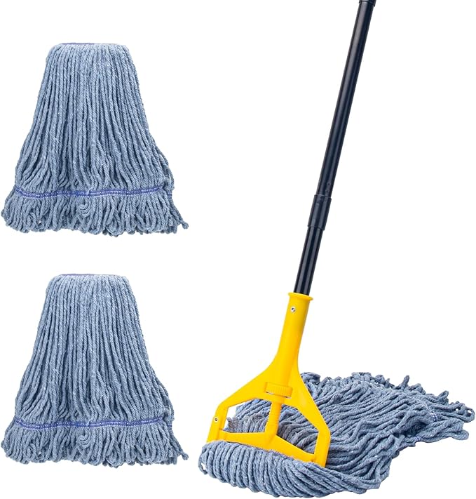 Commercial Industrial Mop with 3 Extra Large Reusable Replacement Head59 Long Handle Heavy Duty Wet MopsLooped-End String Cotton Mop for Floor CleaningHouseKitchenOfficeGarageTile(Yellow)