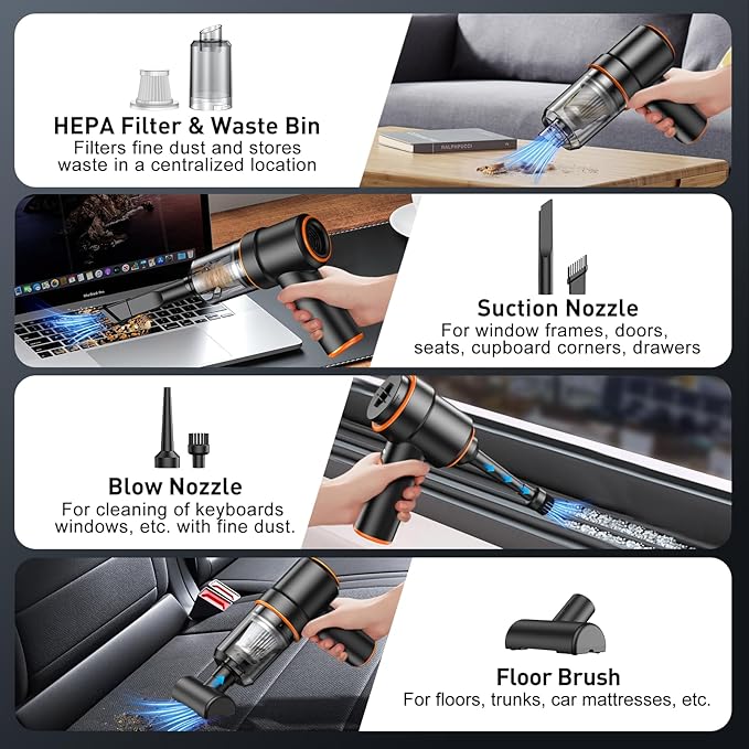 KMM Handheld Car Vacuum Cleaner 9000PA Vacuum Cleaner &amp Air Duster 120W High Power Vacuum Portable Cordless Hand Held Vacuum Rechargeable with Multi-Nozzles &amp LED Light for Home Car Offic