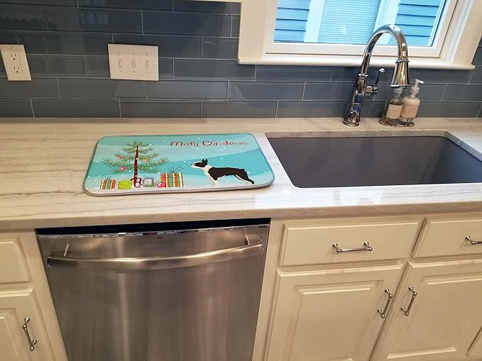 Caroline's Treasures CK3525DDM Boston Terrier Christmas Tree Dish Drying Mat Absorbent Dish Drying Mat Pad for Kitchen Counter Dish Drainer Mat for Countertop 14 x 21 Multicolor