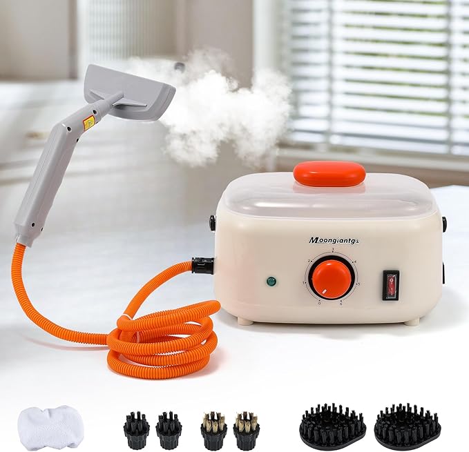 Moongiantgo Steam Cleaner Handheld Steamer for Cleaning Portable Pressurized Cleaning Machine for Car Detailing Grout Tile Upholstery Home Use Kitchen Bathroom with 1500ML Water Tank (Beige-Orange)