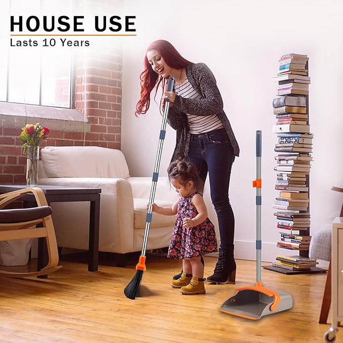 2-Pack is More economicalUpgraded Broom and Dustpanwith 52 Long Handle Dustpan Teeth with self-Cleaning Function Indoor and Outdoor Sweeping Perfect for Home Office (Large Size/Orange /2-Pack)