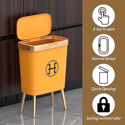 Procade Bedroom Trash Can with LidSlim Bathroom Trash Cans with Lids Dog Proof Trash Bin with Press Top LidModern Gold Trash Can Plastic Waste Basket for Living Room OfficeKitchen 4 Gal-Orange
