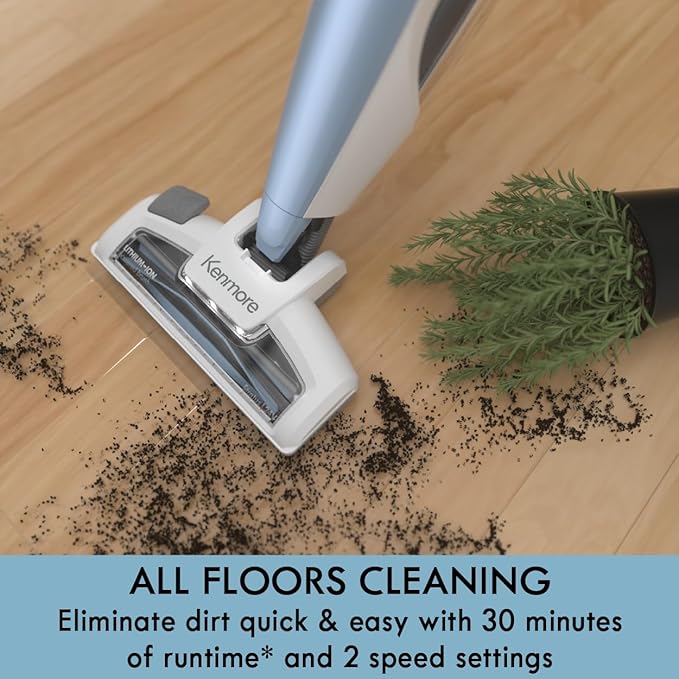 Kenmore DS1020 16V Cordless Stick Vacuum Lightweight 2-in-1 Handheld LED Headlight with 2-Speed Power Control for Hardwood Floor Carpet &amp Pet Hair 16 Volts Gray-Blue