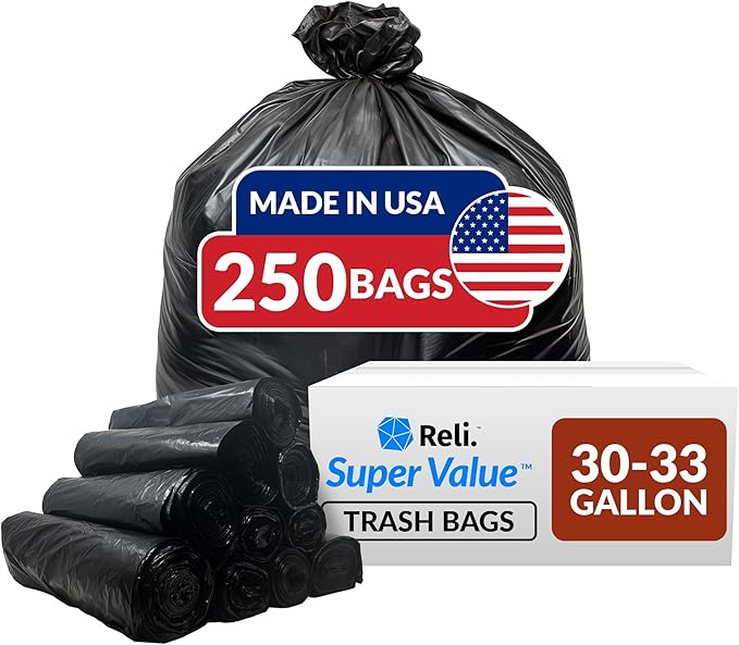 Reli. 30-33 Gallon Trash Bags Heavy Duty | 250 Count Bulk | Black Large Trash Bags 30+ 32 Gallon | Made in USA
