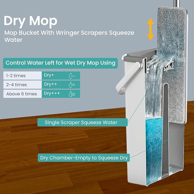 VIMALIFE Mop and Bucket Set with Wringer Self Cleaning Flat Mop and Bucket System 2 Parts Bucket Wash &amp Dry System 360° Rotating 3 Microfiber Pads Included Ideal for Homes Floor &amp Wall Ce