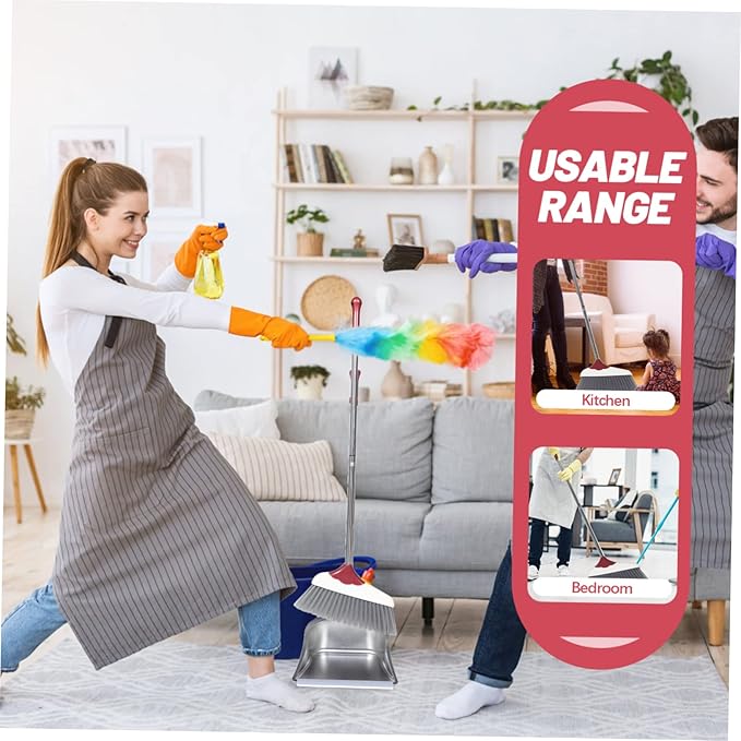 POPETPOP 1set Stainless Steel -Handle Broom and Dustpan for Home Cleaning Ergonomic Design Flexible Bristles Wind Dustpan for Easy Indoor and Outdoor Use