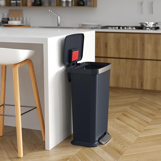 iTouchless SoftStep 13.2 Gal / 50L Step Pedal Kitchen Trash Can with Odor Filter Stainless Steel Trim Dent-Proof Durable Construction Garbage Bin with Lid for Home Office Bedroom Black Plastic