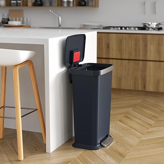 iTouchless SoftStep 13.2 Gal / 50L Step Pedal Kitchen Trash Can with Odor Filter Durable Dent-Proof Construction Stainless Steel Trim Garbage Bin with Lid for Home Office Bedroom Black Plastic