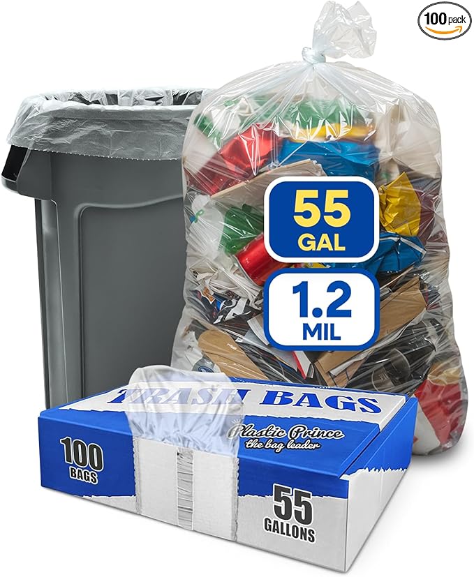 55 Gallon Trash Bags Large Clear Garbage Bags for Rubbermaid Brute 44-55 Gallon Trash Cans 38 x 58 Recycling Trash Can Liners 1.2 Mil Pack of 100