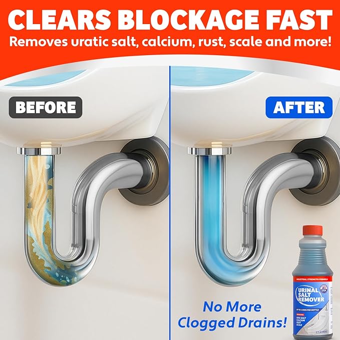 Commercial-Grade Urinal Salt Remover – Made in the USA – Odor Neutralizing Urinal Cleaner for Salt Calcium Rust and Scale Build-Up – Safe For All Plumbing – 32 fl oz
