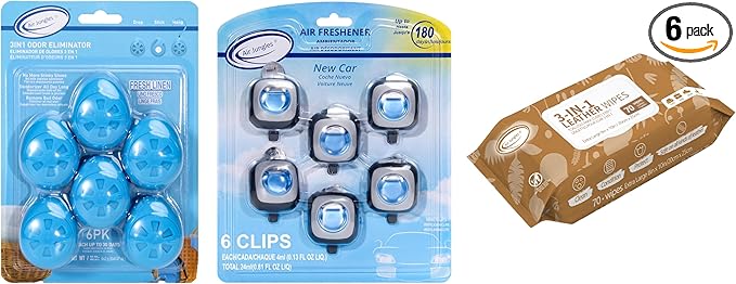 Air Jungles 3-in-1 Fresh Linen Odor Eliminator Balls 6 Count New Car Scent Car Air Freshener Clip 6 Vent Clips and 3in1 Leather Cleaner Wipes 70 Count