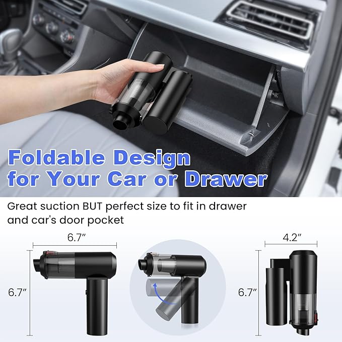 Car Vacuum Portable Cordless with 16000PA Ultra Suction 4-in-1 Foldable Air Duster &amp Brushless Motor Rechargeable Handheld Vacuum for Pet Hair Car Seats Home &amp Office Cleaning