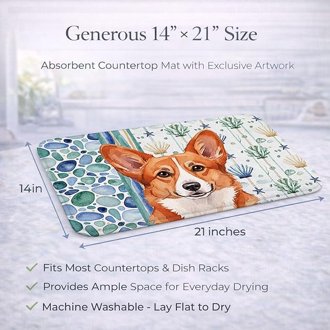 Caroline's Treasures Red Cardigan Welsh Corgi Coastal Sea Glass Dish Drying Mat Absorbent Dish Drying Mat Pad for Kitchen Counter Dish Drainer Mat for Countertop 14 x 21 Multicolor