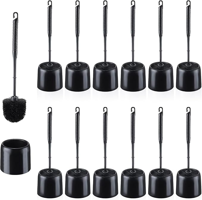 Roshtia 12 Sets Toilet Brush and Holder Set for Bathroom Toilet Bowl Brush Scrubber with Caddy for Deep Cleaning 14.57 Height (Black)