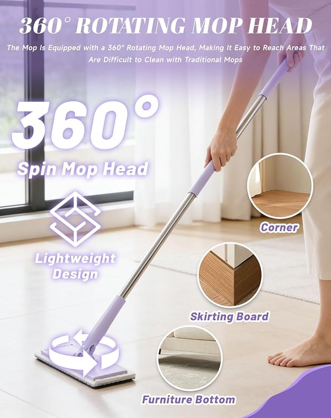 Snap Grip Mini Mop Convenient Cloth Changing Mini Mop Retractable Gap Dust Cleaner Flat Mops with Locking Head &amp Sweeping Cloths 40inch Handle for Multi-Surface No Wash(Purple 70cm)