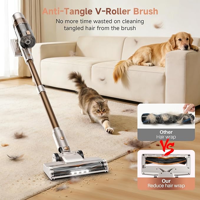 Cordless Vacuum Cleaner - 40KPA Powerful Suction Cordless Stick Vacuum Cleaners for Home Anti-Tangle Brush Lightweight 6-in-1 Rechargeable Vacuum for Pet Hair/Carpet/Hard Floor(Off-White)
