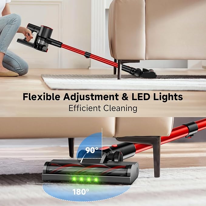 Cordless Stick Vacuum Cleaner 40Kpa Powerful Suction Vacuum Cleaner with LED Headlight Detachable Battery 8-in-1 Lightweight Handheld Vacuums for Pet Hair Carpet and Hardwood Floor Red