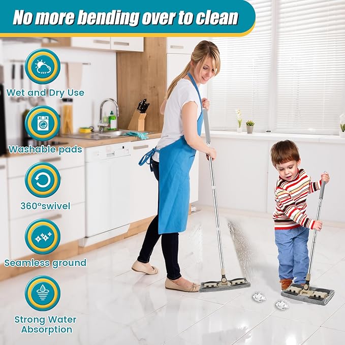 Microfiber Dust Mop with Adjustable Handle360 ° Rotating Floor Cleaning Mop with 3 Replacement Mop Pads Scraper 32inch Long Handle Flat Floor Mops Wet or Dry Microfiber Cleaning Mop for Floor
