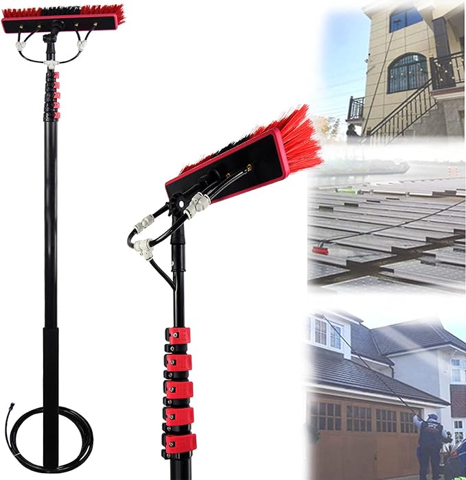 Telescopic Solar Panel Cleaning Brush - 24FT Extension Water Spray Tool for &amp PV Panels - Portable Glass Cleaner Kit with 6-11M Reach for Easy Cleaning