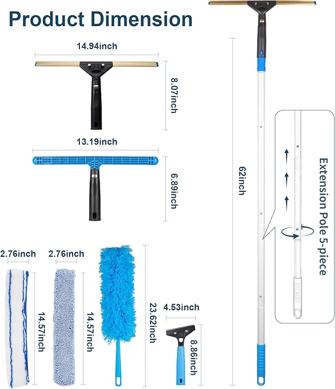 Window Cleaning KitSwivel Squeegee &amp Scrubber with Extension PolesFoldable BucketBlendable Duster2 Scrubber Pads &amp Cleaning Cloth Glass Scraper Cleaning Tool Kit for Window Glass Mirror C