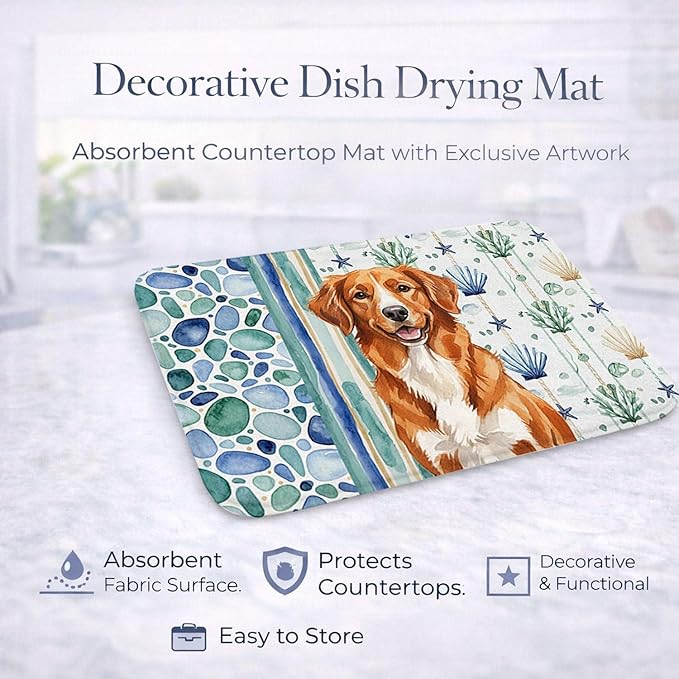 Caroline's Treasures Orange Nova Scotia Duck Tolling Retriever Coastal Sea Glass Dish Drying Mat Absorbent Dish Drying Mat Pad for Kitchen Counter Dish Drainer Mat for Countertop 14 x 21 Multicolor