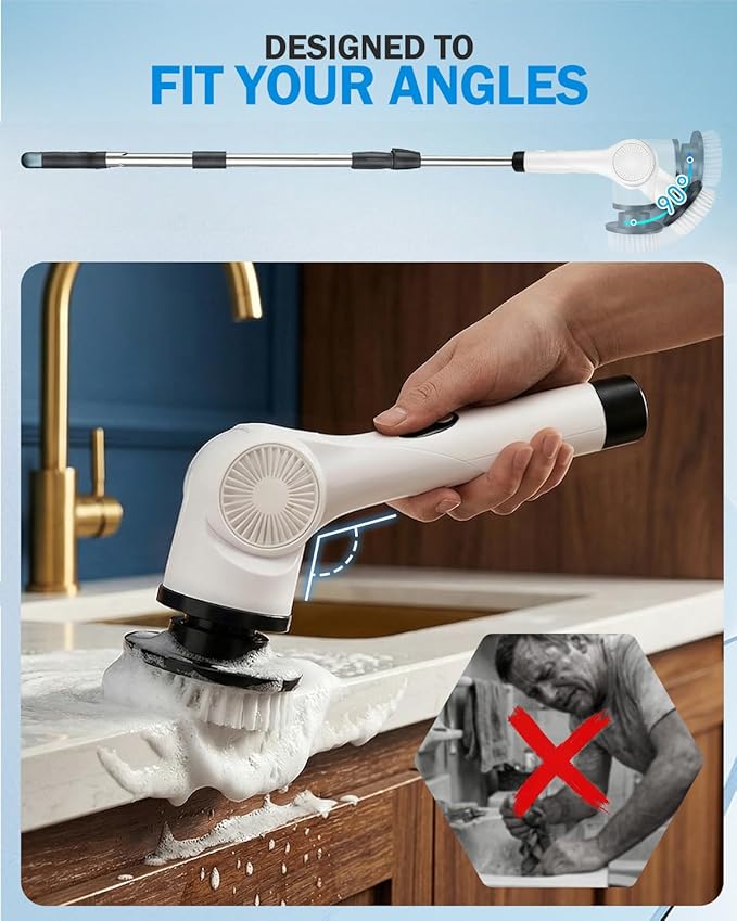 Electric Spin Scrubber 3-Speed Cordless Shower Scrubber with Long Handle &amp 10 Replaceable Brush Heads 90 Mins Runtime &amp Full-Body IPX7 Waterproof Shower Cleaner Brush for Bathroom Kithchen