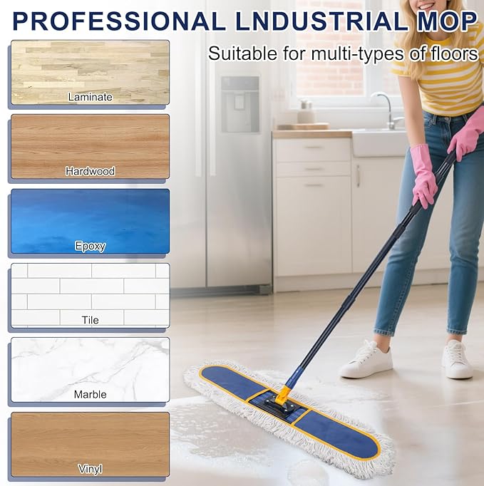 KeFanta 36 Commercial Dust Mops for Floor CleaningIndustrial Dry Wet Mop with Heavy Duty Long Handle2 Large Cotton Washable Mop Padsfor HardwoodTileConcreteLaminateGarage Floors(Blue)