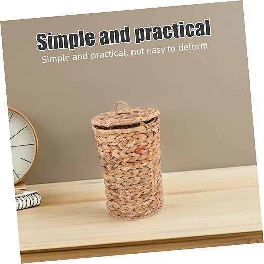Zerodeko Natural Woven Hyacinth Trash Can with Lid Decorative Rattan Wastebasket for Bathroom Bedroom Kitchen Multi Purpose Storage Bin for Essentials Compact Lightweight Design