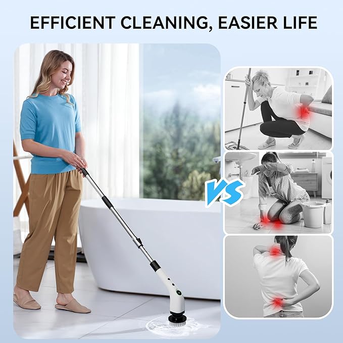 Electric Bathroom Cleaning Brush Cordless Spin Scrubber Full Body Waterproof IPX7 with Adjustable Handle 8 Replaceable Brush Heads for Bathtub/Kitchen/Window/Home -SD-CTB01