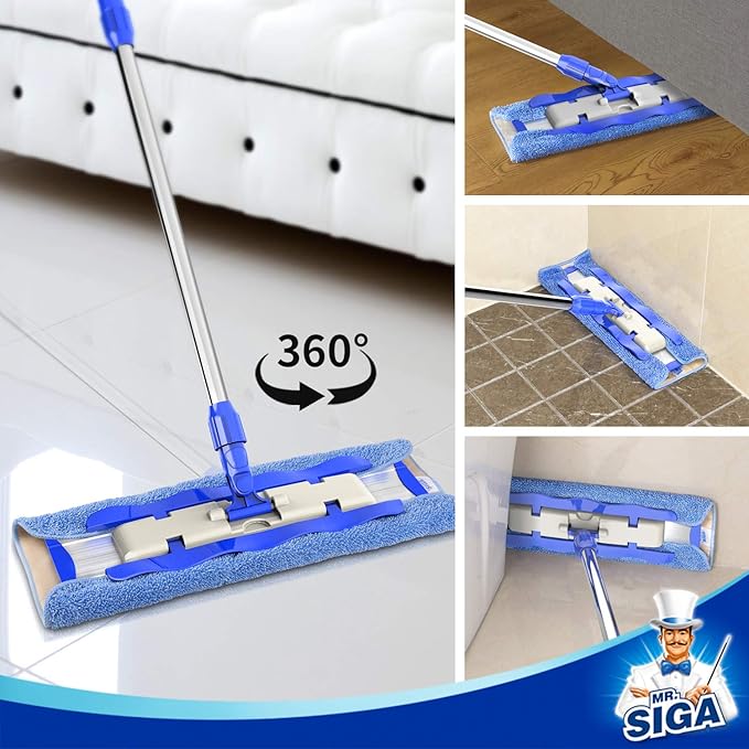 MR.SIGA Professional Microfiber Mop for Hardwood Laminate Tile Floor Cleaning Stainless Steel Telescopic Handle - 3 Reusable Flat Mop Refills and 1 Dirt Removal Scrubber Included