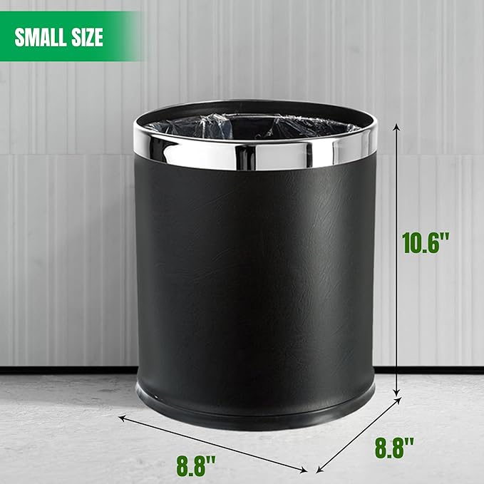 'Invisi-Overlap' Open top Leatherette Trash Can Small Office Wastebasket Modern Home Décor Round Shape (Black)