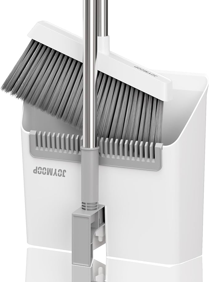 JOYMOOP White Broom and Dustpan Set Upright Angle Design with Built-in Comb Teeth for Kitchen Office Pet Hair Hard Floors