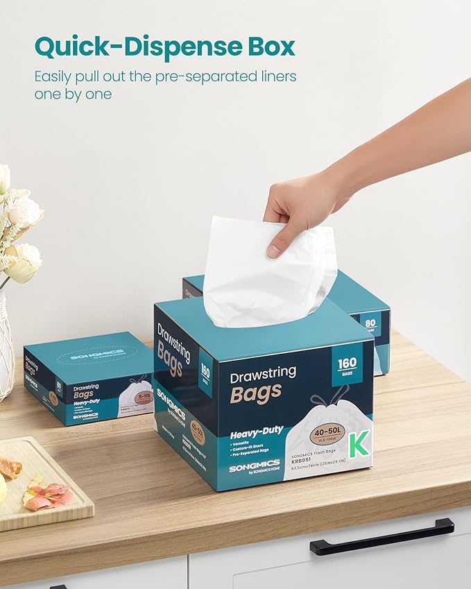 SONGMICS Trash Bags for 13-Gallon (50 L) Trash Cans Drawstring Kitchen Garbage Bags Pre-Separated Quick-Dispense Box Liner Code K 4 Rolls 160 Count White UKRB051A04