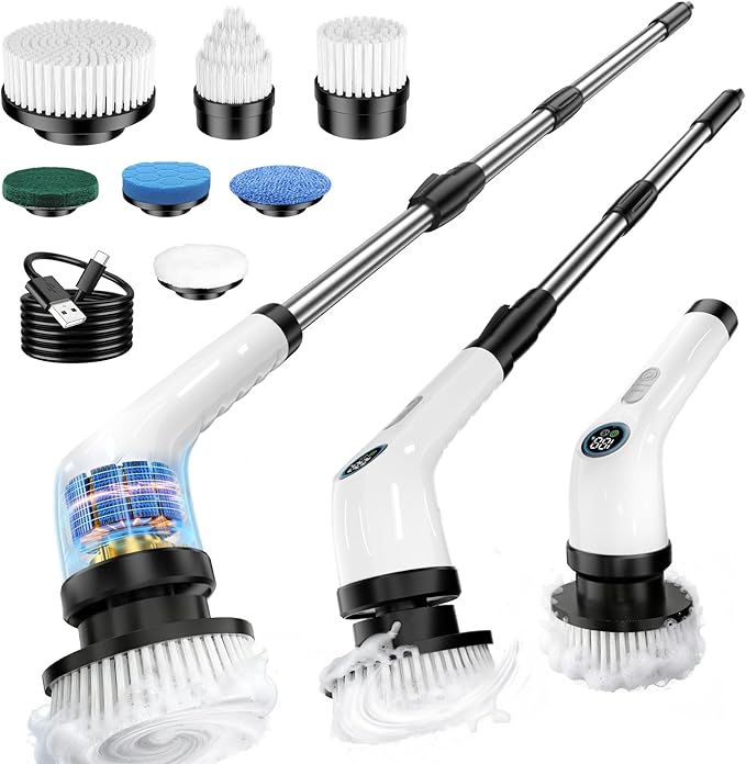 Electric Spin Scrubber Upgraded Battery with Extra-Long Runtime IPX7 Waterproof Power Cleaner with 7 Brush Heads 2 Speeds Adjustable Long Handle for Bathroom Floor Shower Tile &amp Kitchen Clean