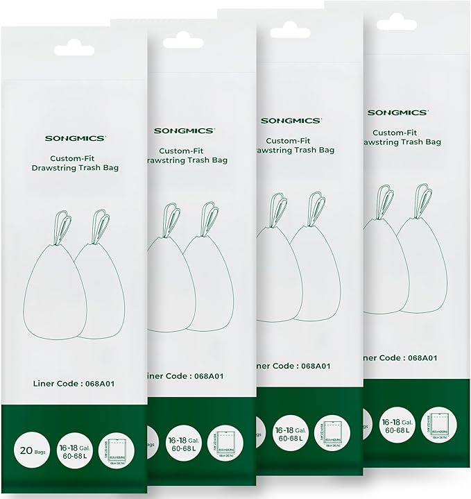 SONGMICS Trash Bags Compatible with SONGMICS Trash Can 18 Gallon 80 Count Drawstring Kitchen Garbage Bags 25.8 x 37.4 Inches 4 RollsWhite UKRB068A02